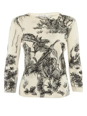 Dior Cream and Black Botanical Embroidered Knit Sweater